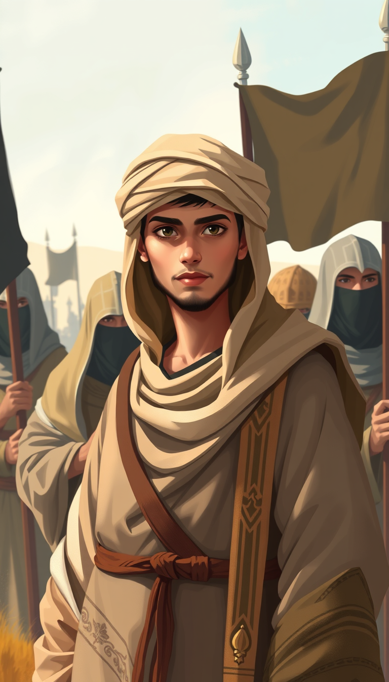 Vector of a young Muslim commander wearing modest biblical cloak-turban clothes, standing behind the great Muslim warriors with a leader's expression. The medieval Muslim warriors are wearing veils and holding black banners, guarding him in open land. Soft shading, 2D style textures, airbrush shader.