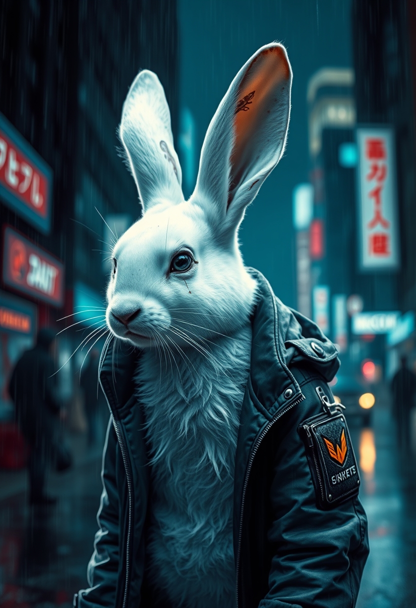 An adult white rabbit stands in a cyberpunk city, in the rain. He's wearing a cyberpunk style jacket. The rabbit has an augmentation on his right eye and a lot of scars. Cyberpunk implants are visible on the cat. A masterpiece, maximum detail, cinematography. - Image