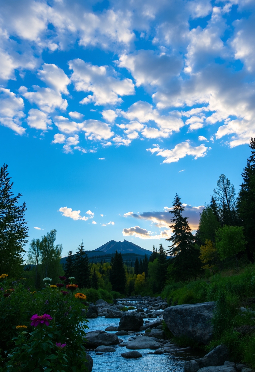 outdoors scenery, with clouds in the sky, a river, trees, flowers, rocks, at sunset, with a mountain in the background, a reflection of nature - Image