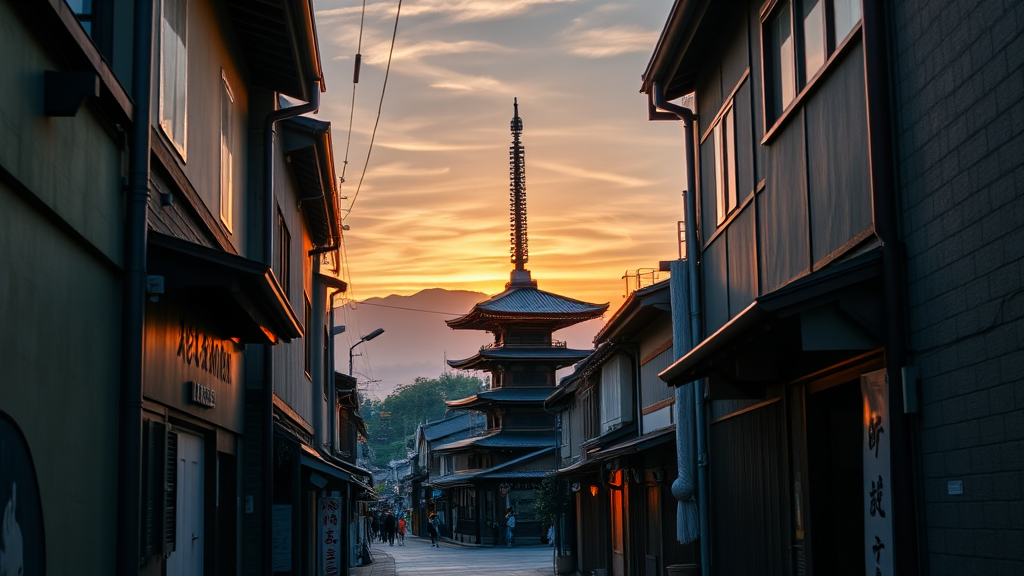 A narrow street with a pagoda in the background at sunset in Kyoto, a photo, Shutterstock contest winner, Japanese temples, Kyoto, Japan travel and tourism, Japan sightseeing, Japanese town, Japanese street.