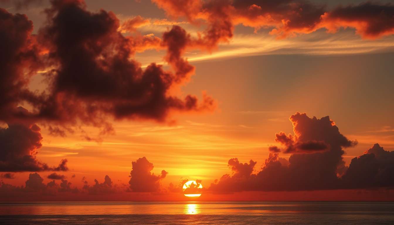 Dramatic, fiery sunset, clouds, silhouettes, high quality, photorealistic, evening sky, reflection, serene, seashells.