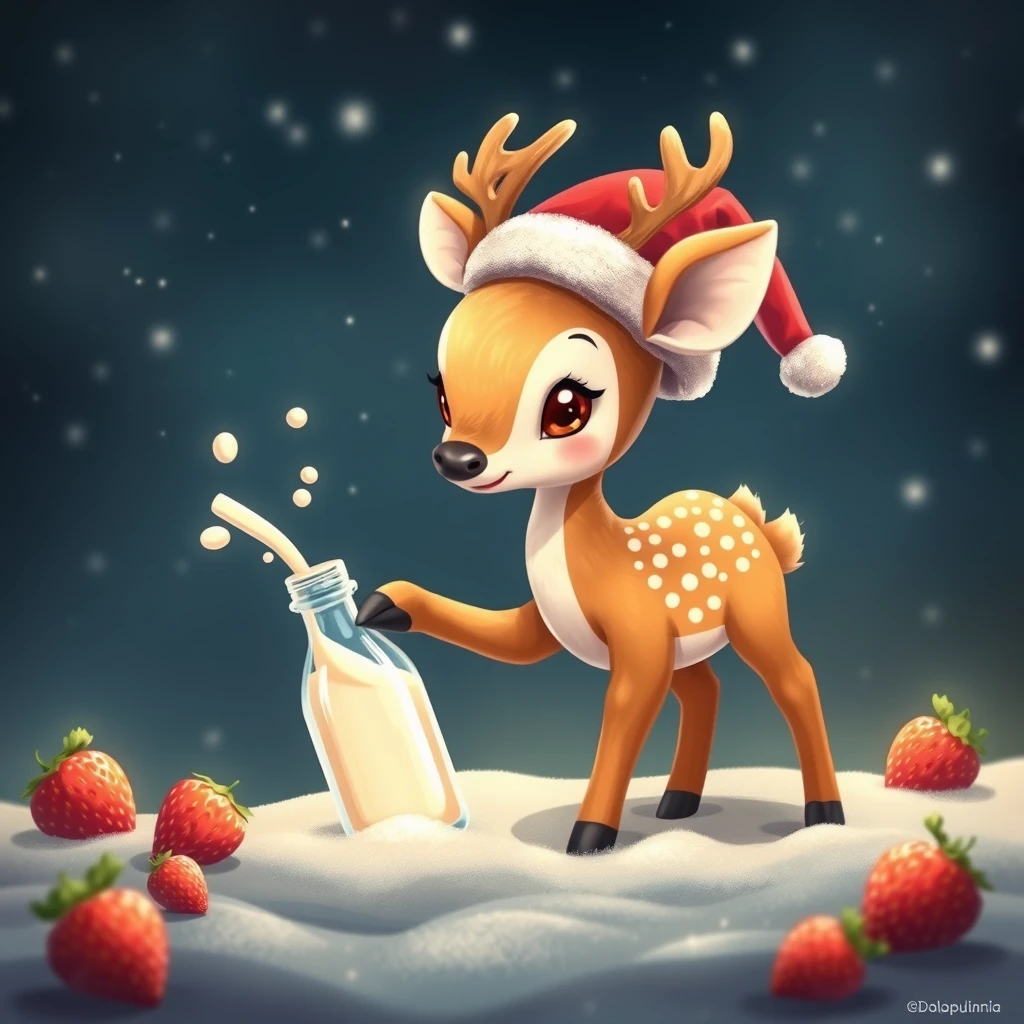 "A cute baby deer that has to drink a million bottles of strawberry milk on Earth to go to Santa's star, spaceship, 'Dolppu' title text." - Image