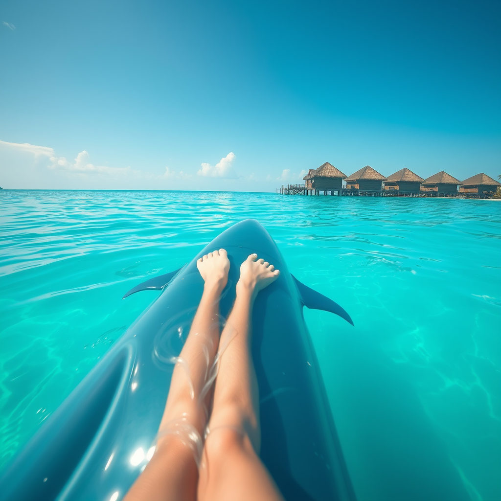 Realistic first-person view of the Maldives, unreal engine 5, with HUD, life simulator, he swims in the sea floating on an inflatable transparent blue dolphin, with fins and tail.