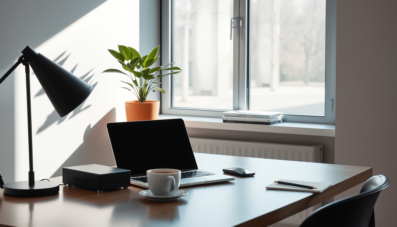 A sleek, modern home office setup bathed in natural light, with a single potted plant and a cup of coffee on the desk, emphasizing simplicity and productivity.