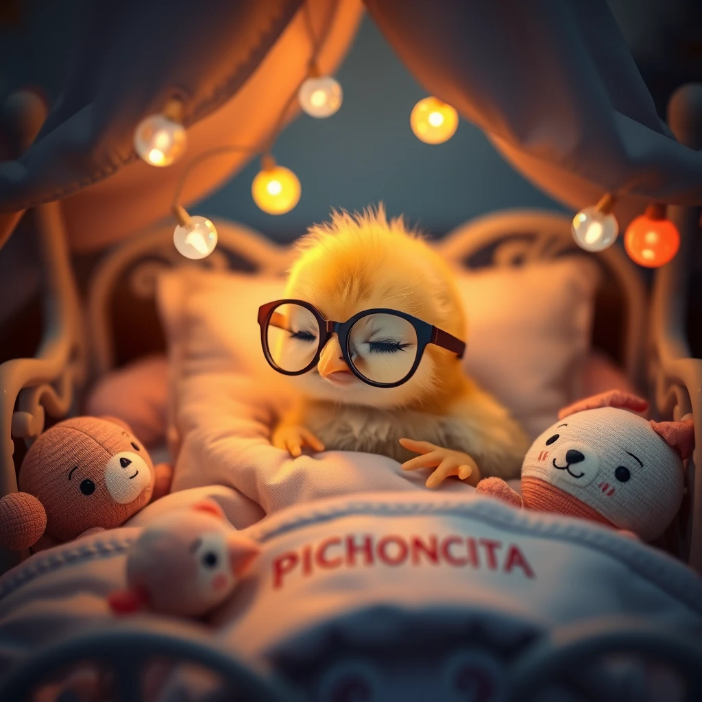 It's night. A sweet little chick, delicate and cute, is wearing glasses, resting its head on a pillow, deeply asleep in its lovely little bed adorned with tiny rattles, floating, soft colored lights, and childish details with the name PICHONCITA written on it, surrounded by its cute plush toys. Photo.