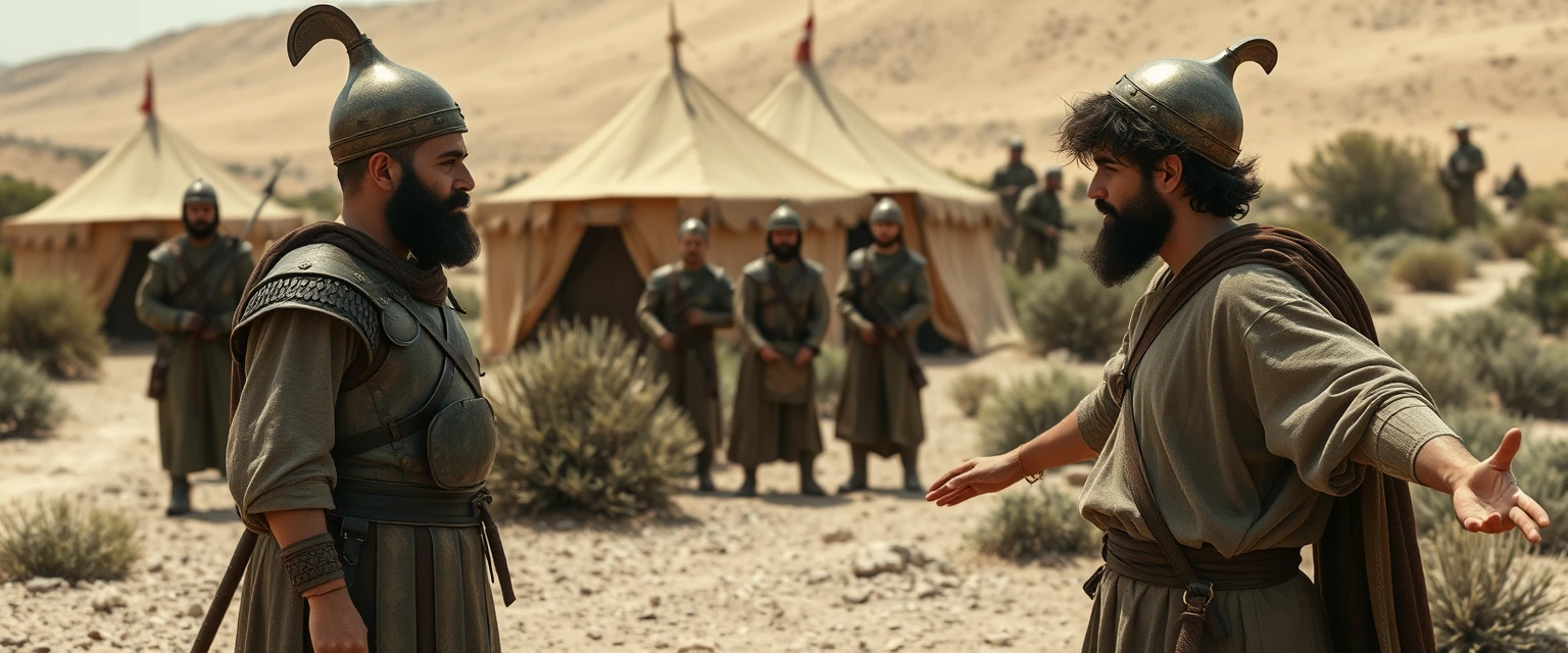 Create a scene of two men standing apart, arguing and staring at one another. The man on the right is a young Jewish man and is dressed in a simple shepherd's tunic, with his arms stretched out to the sides. He has dark, messy, unkempt hair and a beard and looks shocked. The man on the left is a middle-aged Jew with a black beard and is wearing a full suit of biblical-era leather lamellar armor and a brass conical helmet with a pointed tip. A group of four soldiers is gathered next to the man on the left. In the background, there are Arabic army tents pitched on desert shrubland. The overall mood of the image is one of anxiety and concern. - Image