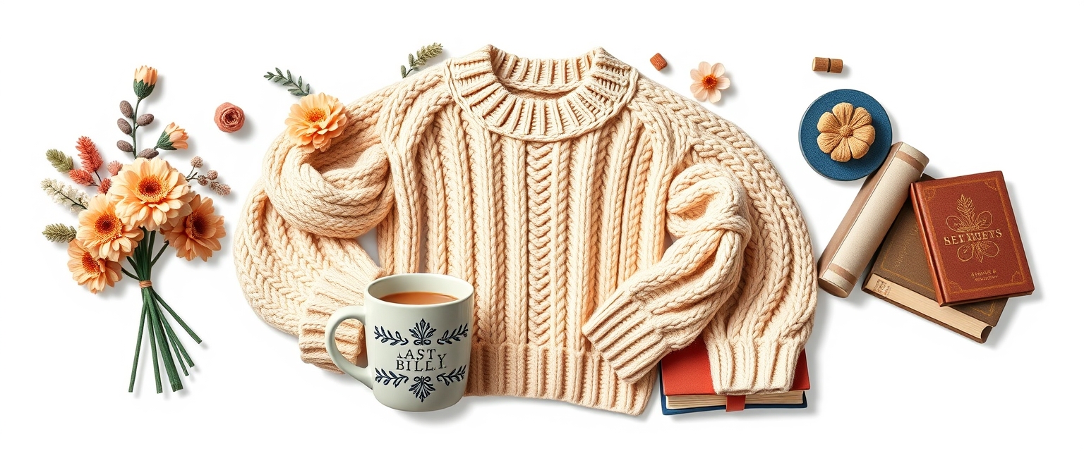 cozy-themed items, floral items, a detailed knit sweater, steaming mug, books, all arranged and isolated on a white background, peachy, navy and coordinating colors, trending cozy style, Folk art, 2d, icons, trending junk journal style, sticker art, hyper-realistic, high quality