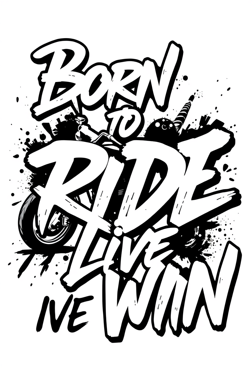 Professional T-shirt design in graffiti style, text "Born to ride. Live to win", vector design isolated on a white background.