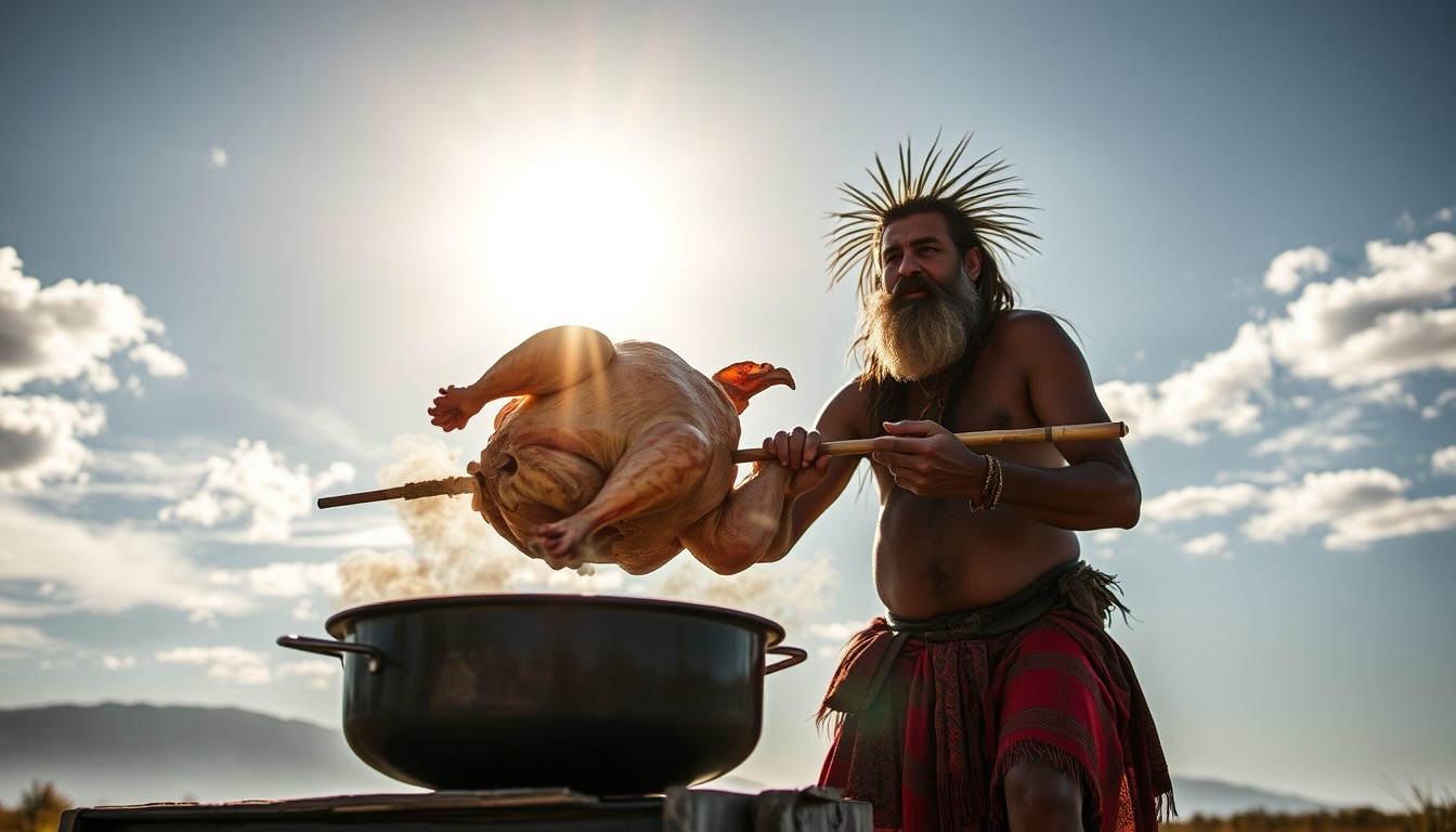 Under the scorching sun, a savage is roasting a turkey rotating on a stick beside an oil pan. - Image