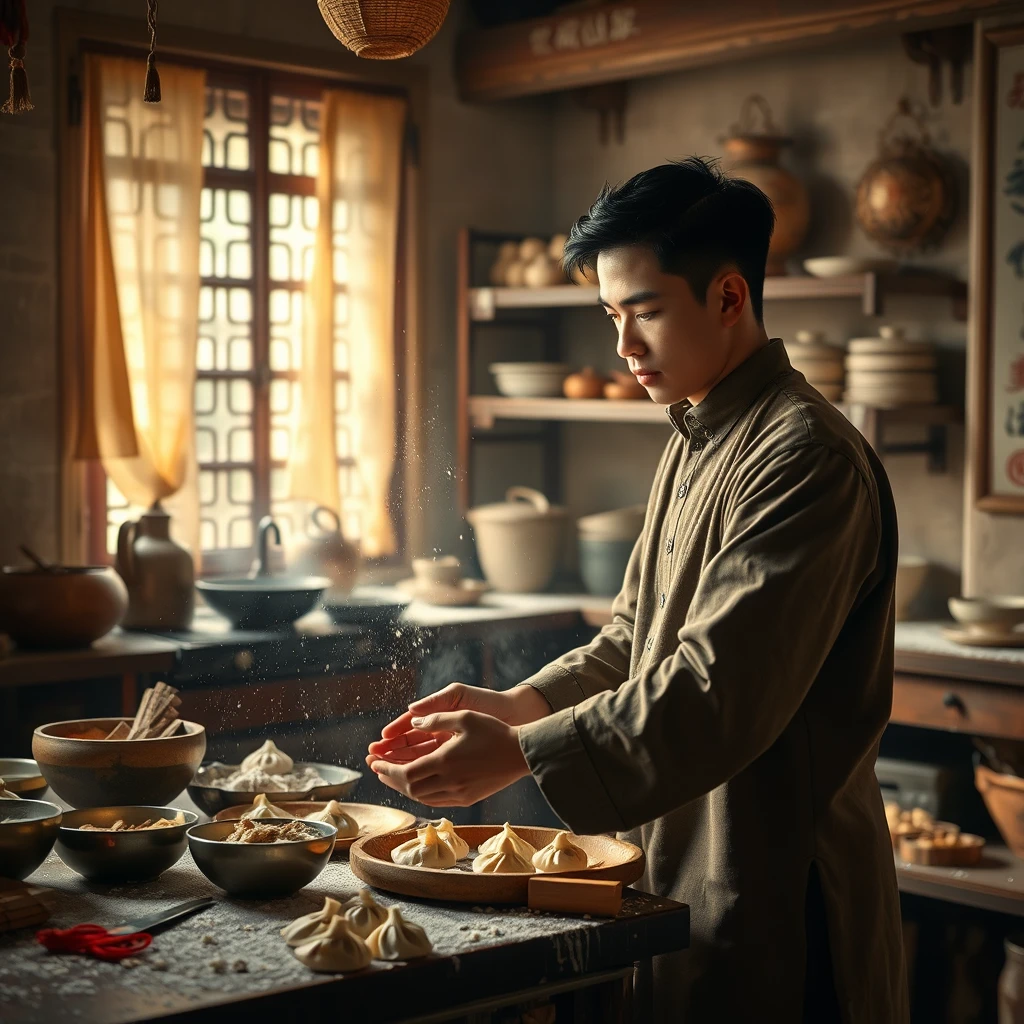 Photo of a college male making dumplings in an ancient mystical Chinese kitchen, with lots of ingredients everywhere, flour scattered about, a messy kitchen, a magical theme, ingredients floating in the air, while doing tai chi. - Image