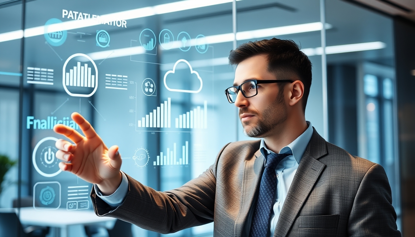 Businessman using advanced digital transformation technology on a transparent interactive touchscreen display in a modern office, showcasing data analytics, cloud computing, and innovative business solutions.