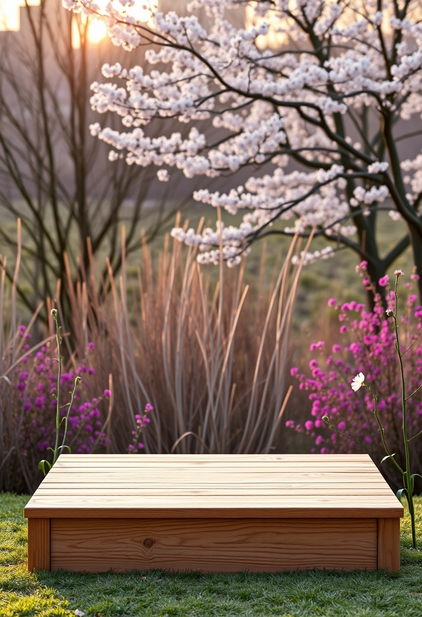 Charming Wooden Podium with Spring Background in Soft Afternoon Sun.