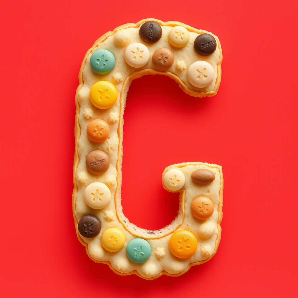 A letter "G" made of colored cookies, light red background, realistic photograph.