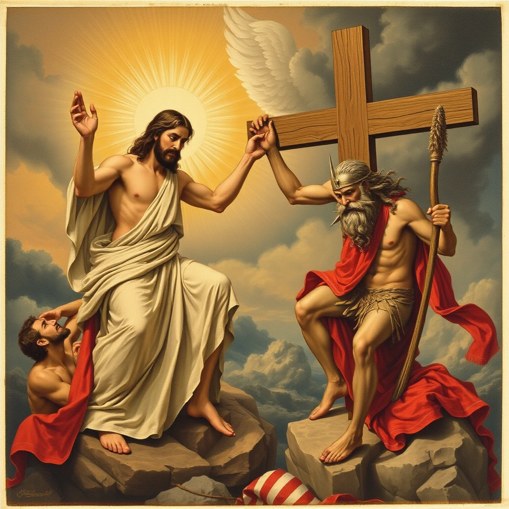 Jesus meets Zeus on Olympus and crucified Poseidon. - Image