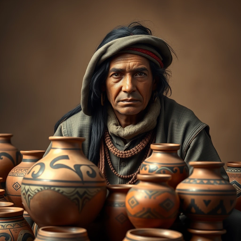 Photorealistic studio image of Navajo potter surrounded by his pots.