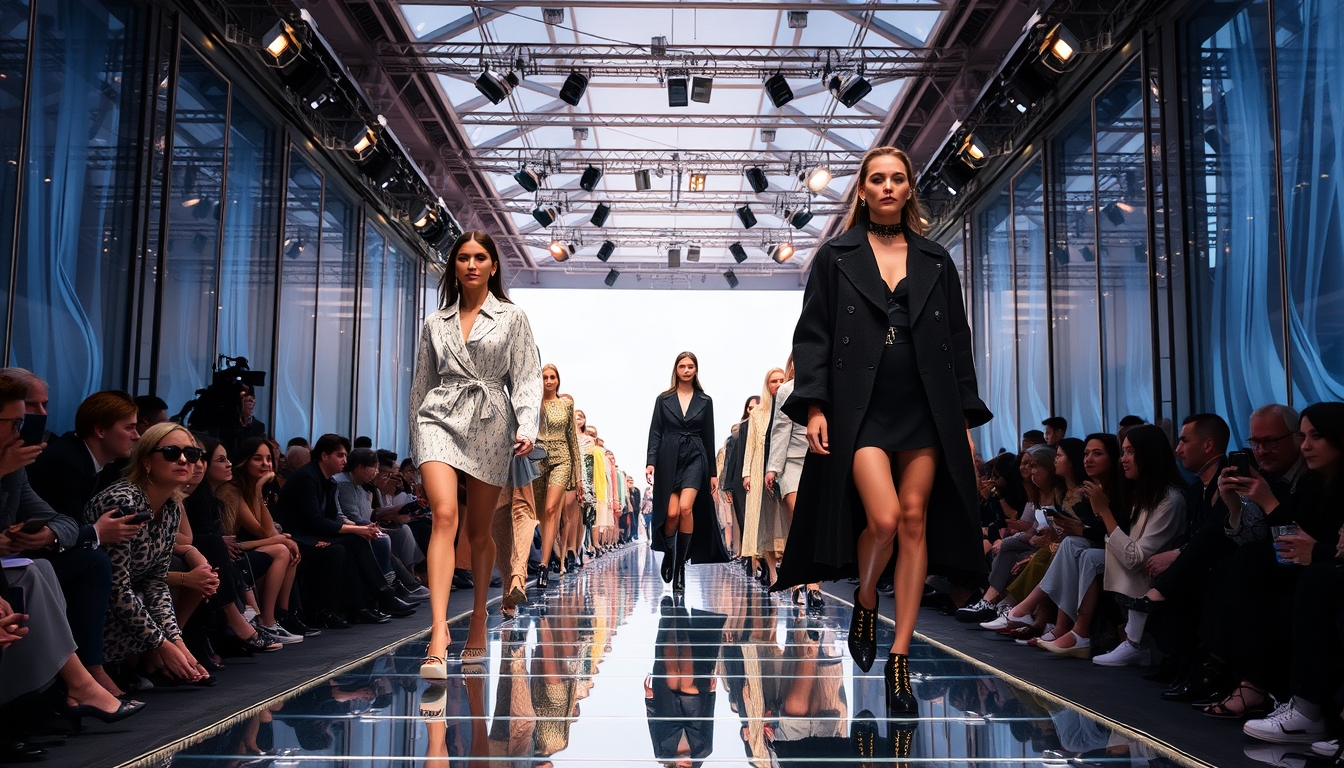 A high-end fashion show with models walking down a glass runway.