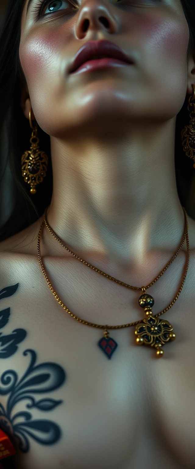 Close up view of the tattooed chest of a Korean Indian woman with white skin, beautiful facial features, and blue eyes, wearing gold ornaments and looking upwards.