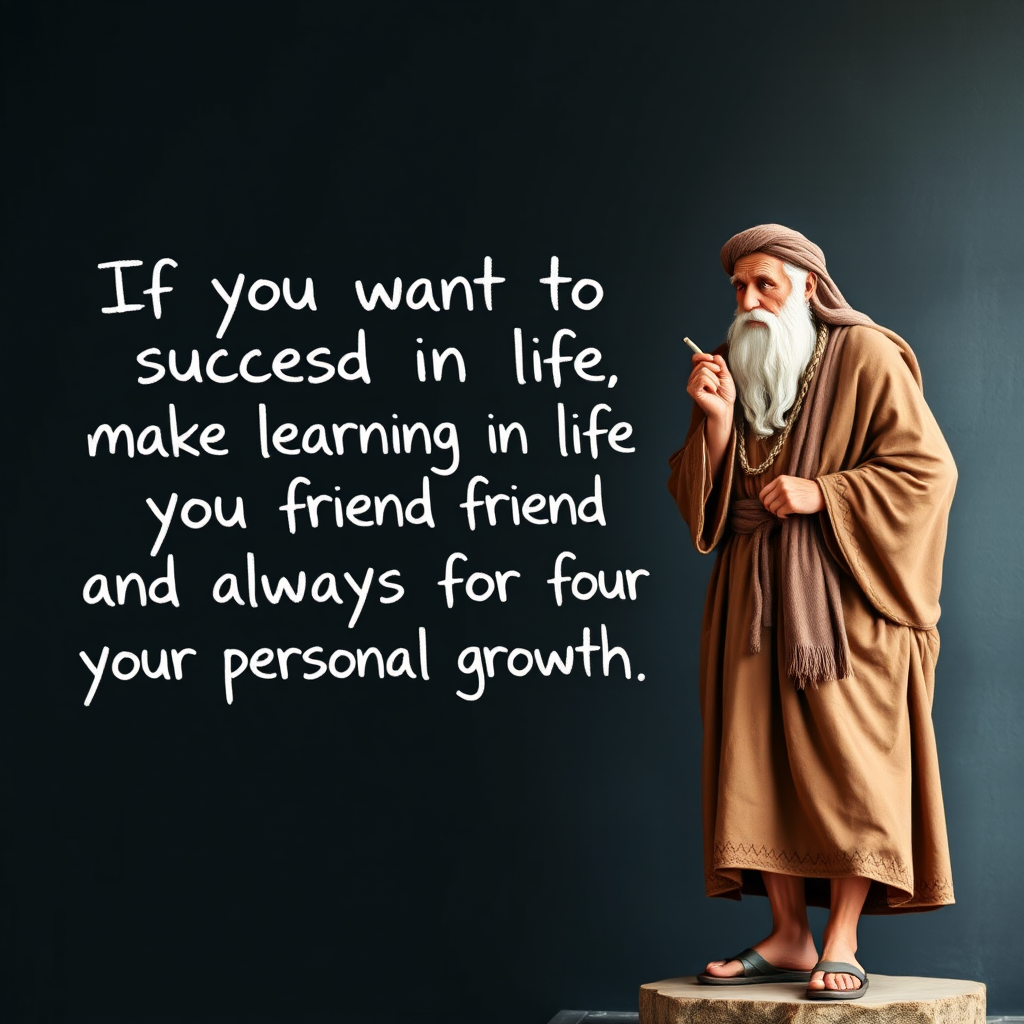 Create an image of an old wise man standing on a board that writes, "If you want to succeed in life, make learning your friend and always strive for your knowledge and personal growth."