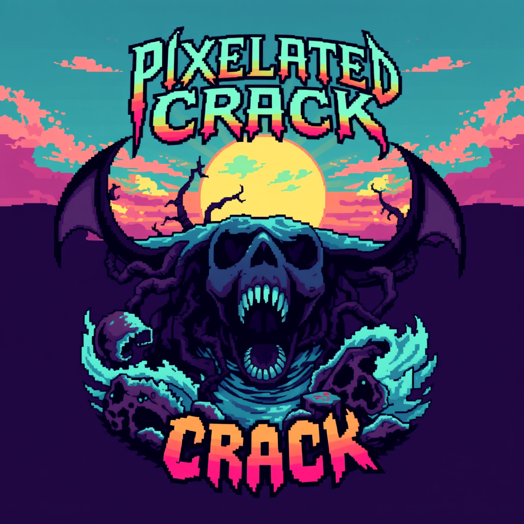 T-shirt design with a blocky colorful 8-bit style of death metal blended with chiptune. The visual should be unique and striking but macabre, combined with beauty, and the band name is "Pixelated Crack" with a scene inspired by the deep sea. - Image