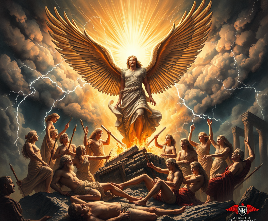 Prompt: An angel punishing the gods of Olympus. Style: Epic and dramatic. Color Scheme: Dark and ominous with flashes of divine light. Composition: An angel stands at the center, emanating divine light. Surrounding the angel are the gods of Olympus, depicted in various states of defeat. The scene is chaotic and intense, with the angel dominating the composition. Subjects: The central figure is a powerful angel, possibly wielding a divine weapon like a flaming sword or a glowing staff. The gods of Olympus—Zeus, Hera, Poseidon, Hades, Athena, Apollo, and others—are shown in defeated poses around the angel. Background: The backdrop includes a stormy sky filled with thunderclouds and lightning, with the ruins of Olympus partially visible. Lighting: The scene features high-contrast lighting with divine light emanating from the angel, casting dramatic shadows on the defeated gods. Mood: The overall atmosphere is powerful, vengeful, and dramatic. Reference Images: Use reference images of classical depictions of angels and the Olympian gods for visual accuracy. Resolution: Aim for a high-definition quality image, such as 1920x1080. - Image