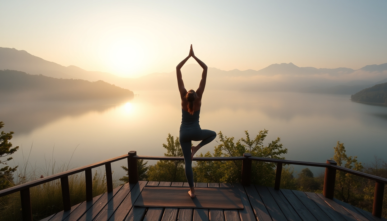 A serene landscape featuring a yoga practitioner on a wooden deck overlooking a tranquil lake, surrounded by misty mountains at sunrise. - Image