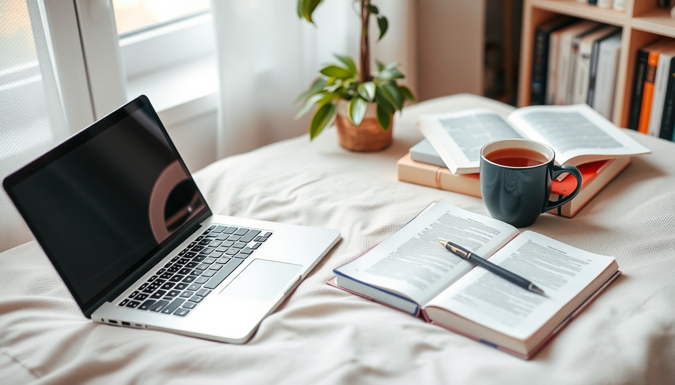 A cozy home study setup with a laptop, textbooks, and a cup of tea, emphasizing the comfort and flexibility of online education.