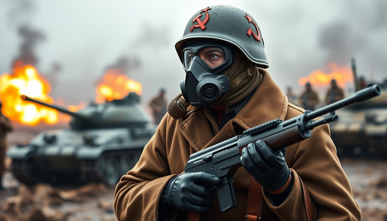 Generate a Soviet conscript soldier, wearing a gas mask with a tube on the air filter, wearing a Russian-style helmet with the red Soviet hammer and sickle logo, wearing a brown long coat, black leather gloves, and a brown leather belt, holding an AK-47 automatic rifle, standing in a battlefield, with the same soldiers in the background, explosions in the background, and Soviet T-54 tanks in the background, with the background blurred. - Image