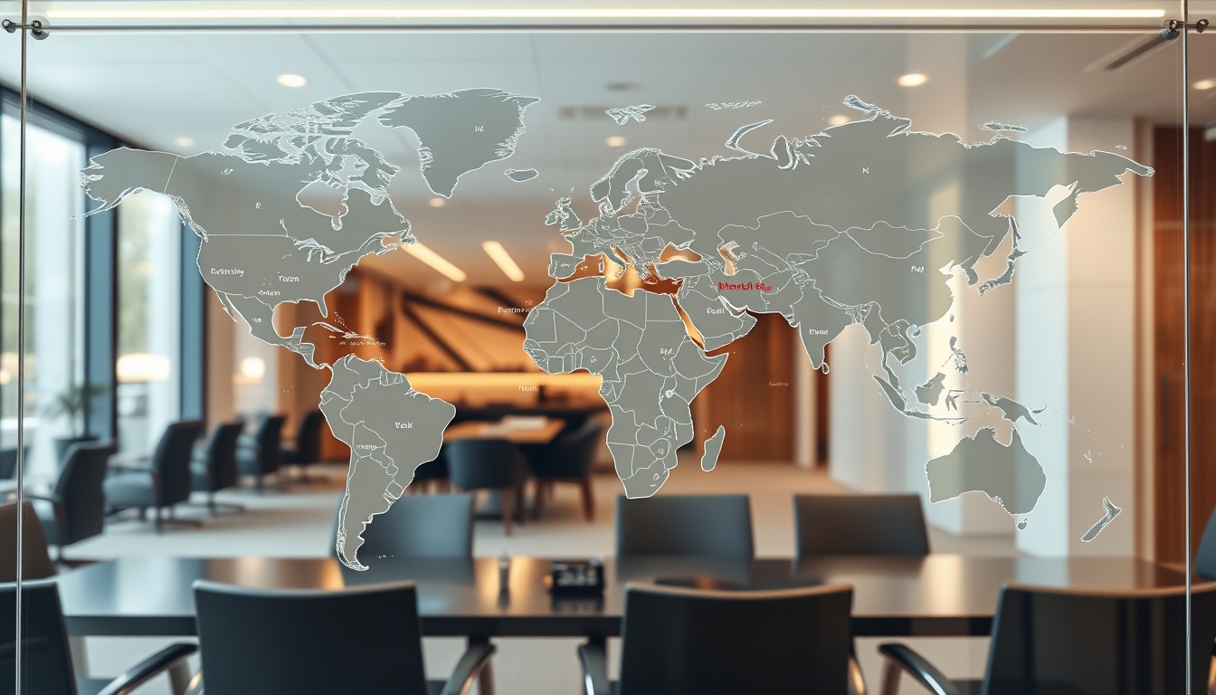 A detailed glass map of the world in a high-end office, highlighting various locations.