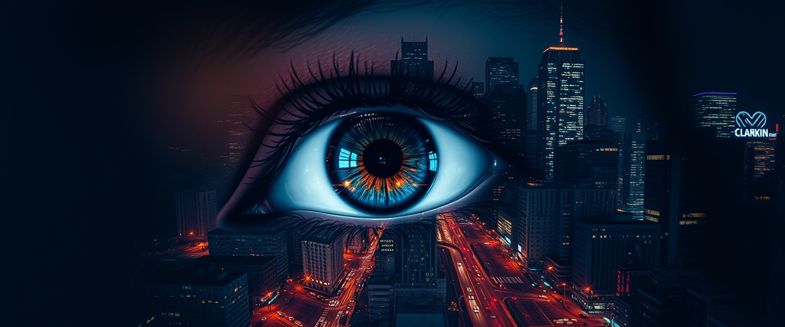 Stunning image of a woman's eye, fused with an abstract, vibrant city silhouette at night, with city lights sparkling on high-rise skyscrapers and bustling streets; iris dilated. The eye is surrounded by a strong white void that creates a striking contrast and adds depth and intensity to the overall picture, hyperrealistic, digital, structured, surreal, gloomy, and mysterious. - Image