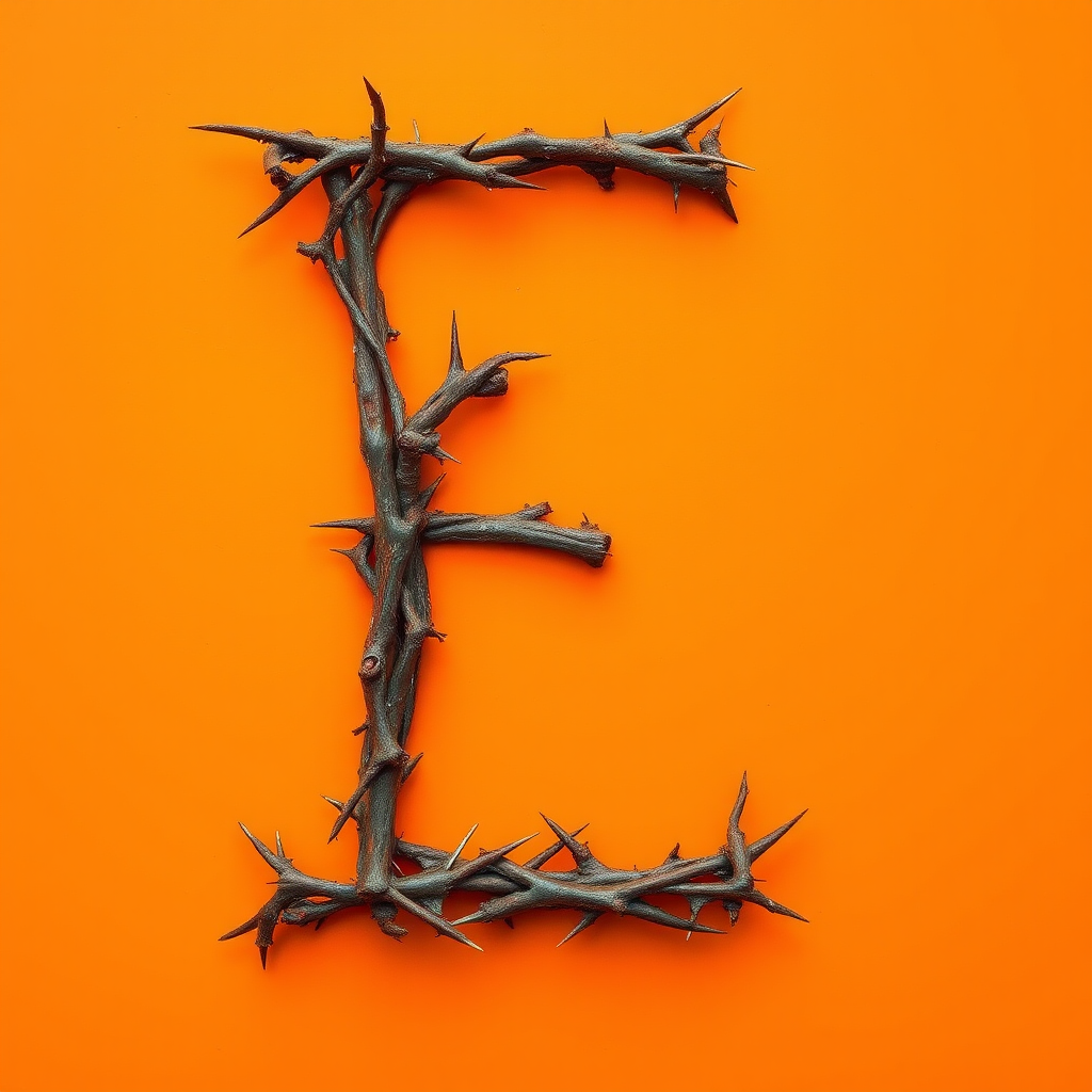 A letter "E" made of thorns on an orange background, realistic photograph. - Image