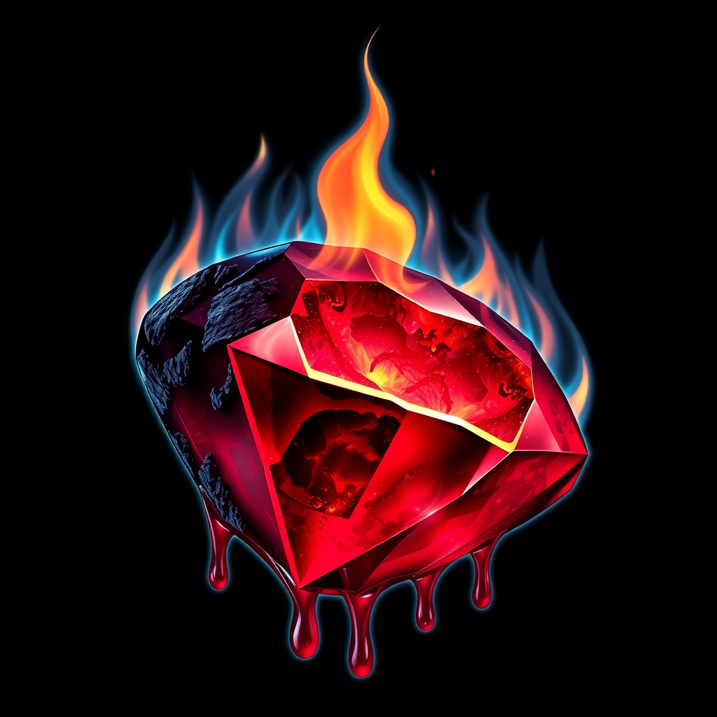 A tee shirt design of a beautiful ruby on fire with beautiful liquid red ruby dripping with flames. The ruby has black char all over it and subtle colorful embers burning in the ruby. Inside of the ruby should be reminiscent of beautiful galaxies perfectly blended with chaos. Striking and otherworldly on a transparent background, the flames should have an outline of a beautiful blue ethereal glow.