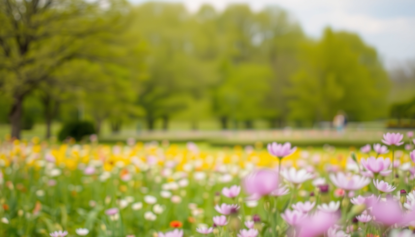 Blurred spring countryside landscape with blooming flower field and green park Outdoor relaxation in peaceful nature