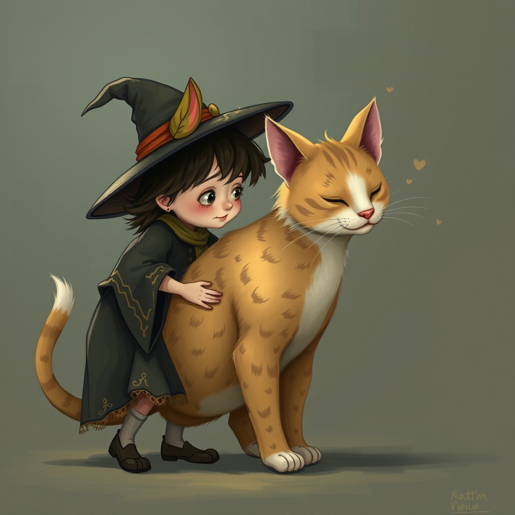 A witch transforming a child into a cat with a tail, ears and a snout.