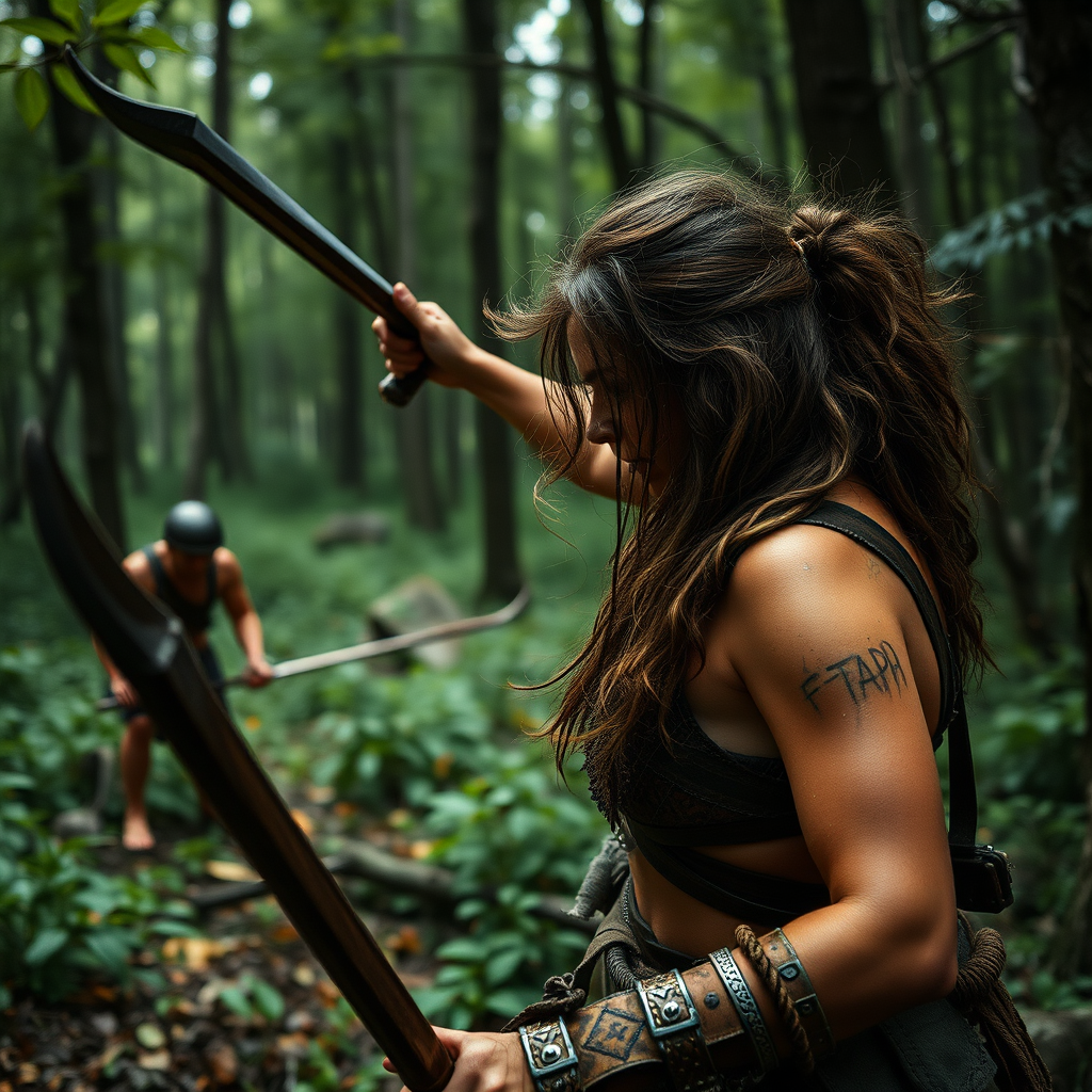 Real-life photography: In the forest, a female barbarian encounters danger. - Image