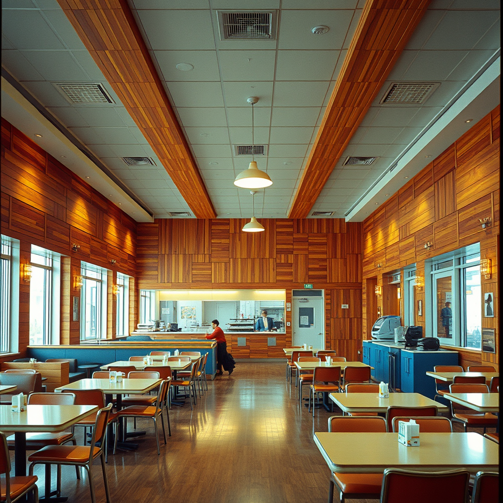 interior, company cafeteria, modern, wood panel, movie scene, colorful, 90s - Image