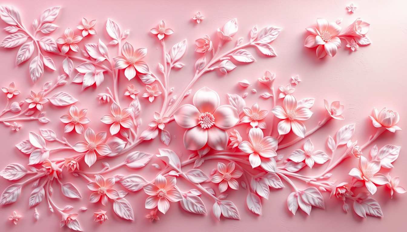 3D wallpaper with beautiful floral relief in pastel colors. The relief depicts a complex pattern of flowers and leaves with delicate shades of pink, lavender, and peach. The flowers seem to come to life, growing out of the wall. The background is made in soft gradient pastel tones, with a subtle texture that gives the design depth and volume. These 3D wallpapers are perfect for creating a serene and soothing atmosphere in any room. - Image