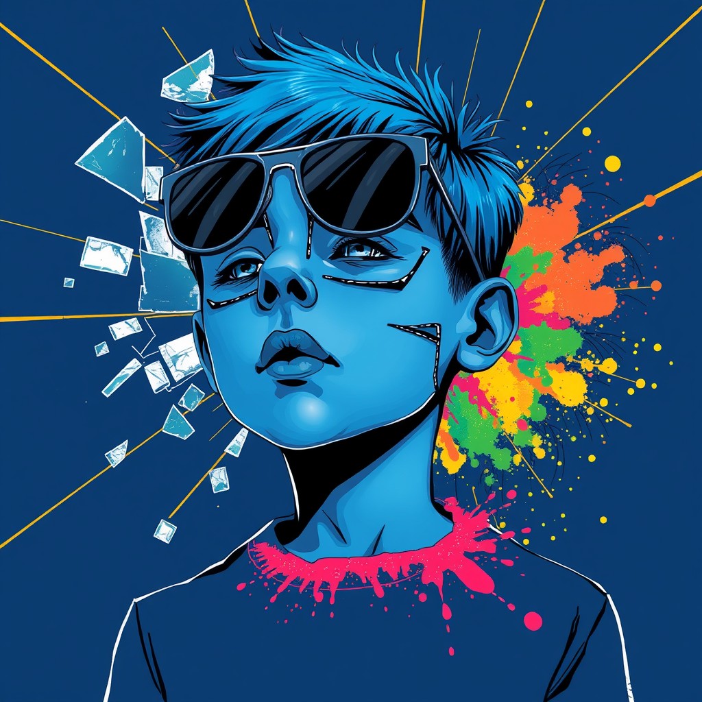 A boy with blue skin and an abstract broken face, wearing sunglasses, surrounded by glass breakage and gold lines on a dark blue background, with a colorful explosion from the spillage of powder. Illustration style, Andy Warhol style, Picasso style. - Image