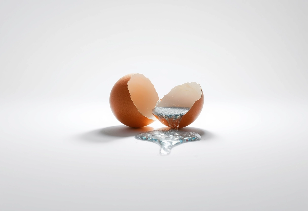 A broken egg split in half on a boundless pure white surface, with shimmering stars from the galaxy flowing like water from between the two halves of the eggshell onto the plane.