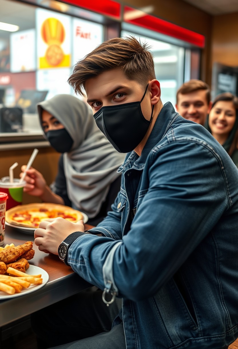 Jamie Dornan's head and body shot, handsome young man, wearing a black face mask, blue jeans jacket, jeans, dating a Muslim girl with a grey hijab, beautiful eyes, black face mask, black leather jacket, wearing the biggest floral skirt, at a fast food restaurant, with a plate of cheese pizza slices, a plate of Korean fried chicken and fries, and a glass of soft drink, eating with three other random smiling friends, photorealistic, hyper-realistic, street photography. - Image