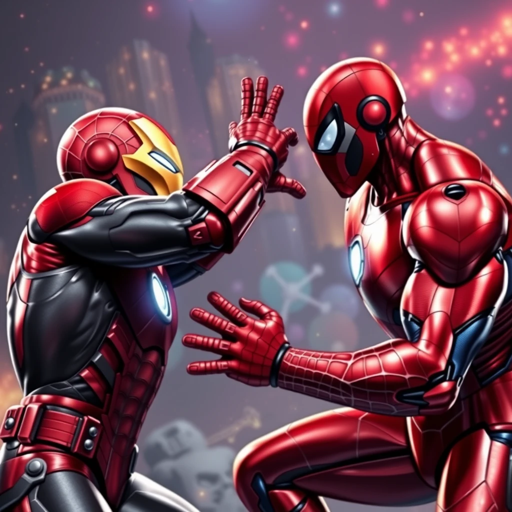 Iron Man arm wrestling Spider-Man. The backdrop of the multiverse.