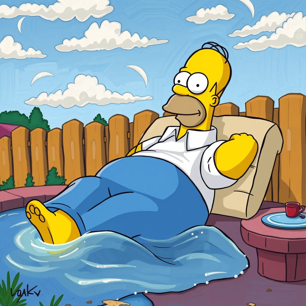 Relaxing Homer Simpson in the style of an impressionist like Monet.