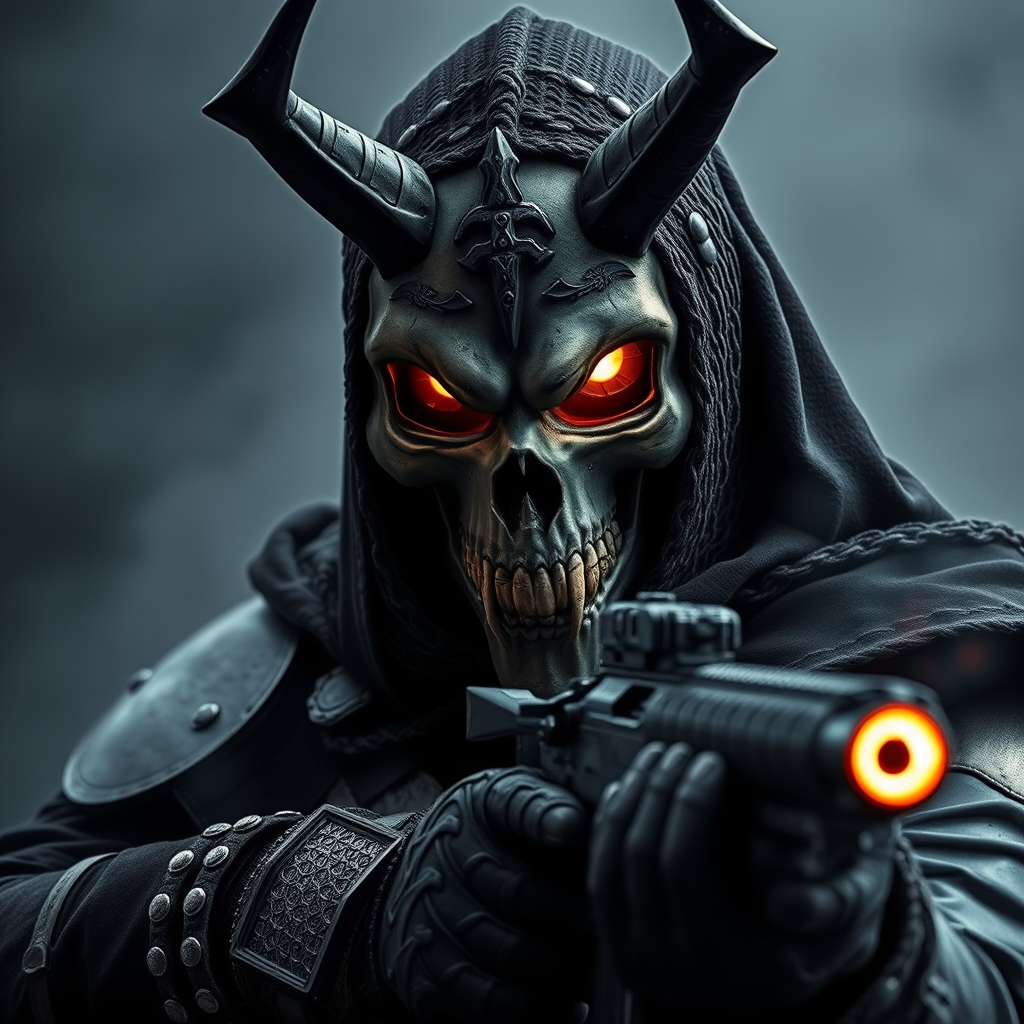 A solo soldier from the British special forces merges with a demonic Knights Templar aesthetic. He wears a skull-faced mask with glowing eyes, razor-sharp teeth, and prominent horns. He fires weapons with visible muzzle flashes, draped in thick chainmail veils and bulletproof ancient armor. He is shrouded in dark mist, emanating an aura of intimidation and fear.