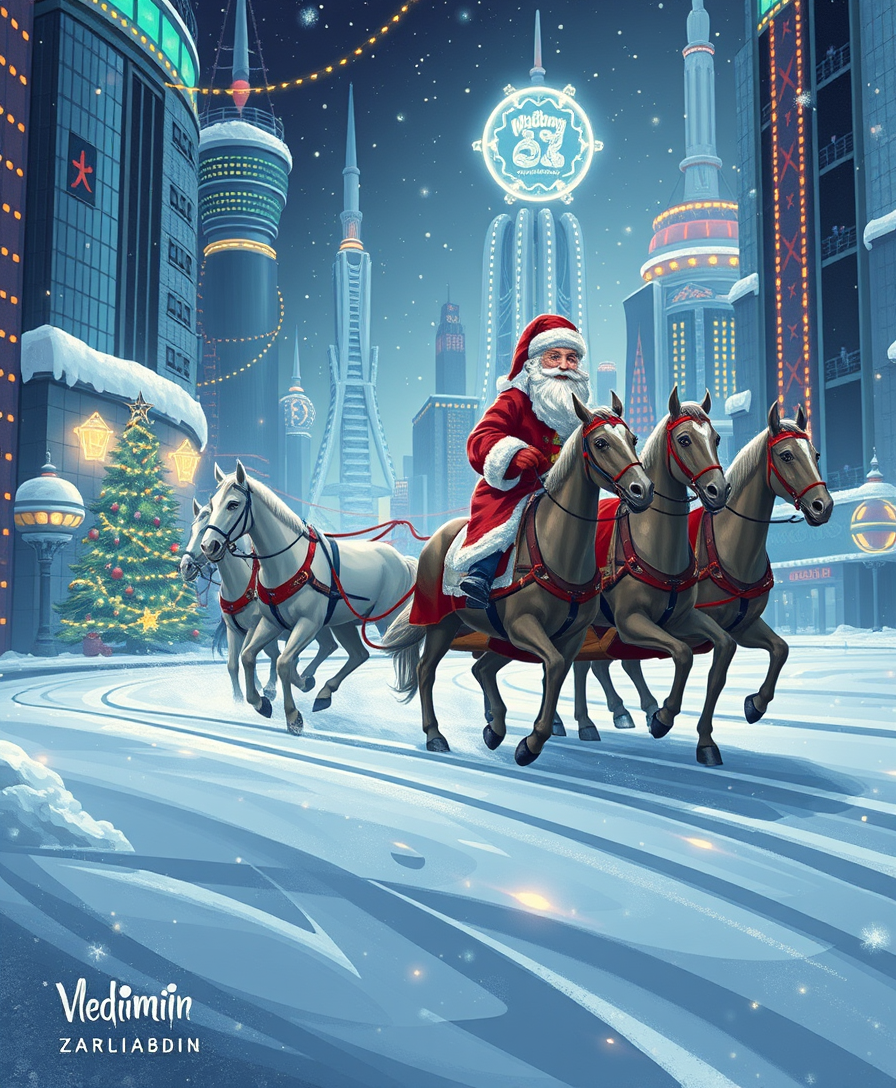 "Russian Snow Grandfather rides in a festive sleigh pulled by three horses through a futuristic city decorated with Christmas lights. Illustration by Vladimir Zarubin." - Image