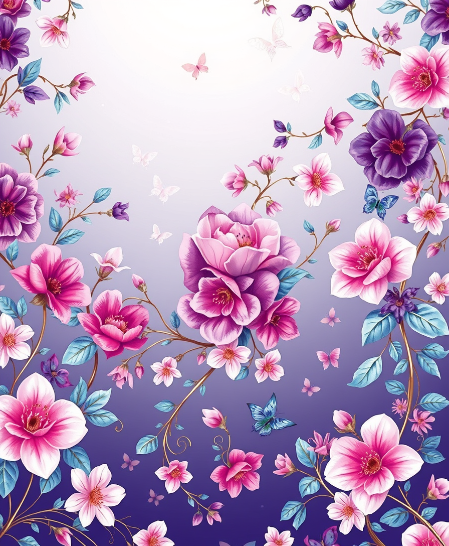 A stunning bookmark design featuring an intricate pattern of blooming flowers and vines in vibrant hues of purple, pink, and blue, intertwining with delicate golden threads. Soft pastel butterflies flutter in the background, adding a touch of whimsy to the design. The overall aesthetic is romantic and dreamy, perfect for enhancing the reading experience. - Image