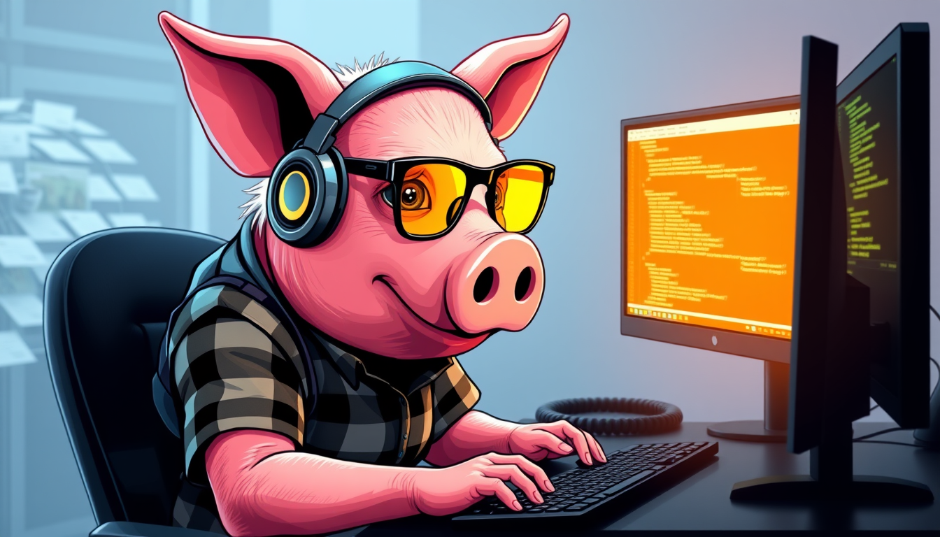 A tech-savvy pig coder, wearing yellow-tinted glasses and sleek noise-cancelling headphones, hunches over a cutting-edge multi-monitor setup. The anthropomorphic pig exudes focus, typing furiously while wearing a plaid t-shirt. - Image