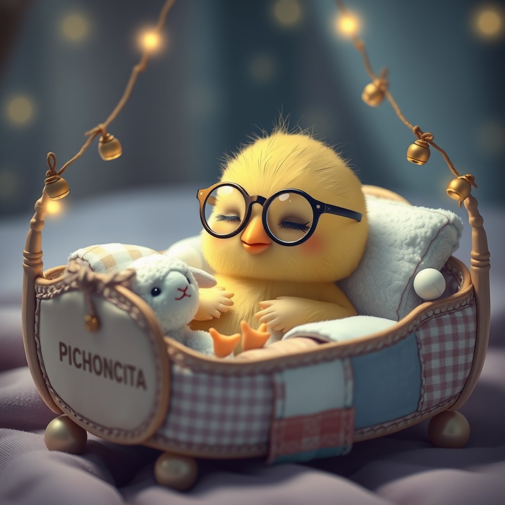 It is night. A sweet, delicate little chick, Kawaii, with a small rounded beak, is wearing glasses and sleeping in its precious little bed adorned with tiny bells, featuring childish details with the name PICHONCITA written on it, cuddled up in patchwork blankets with a tiny cute stuffed sheep.