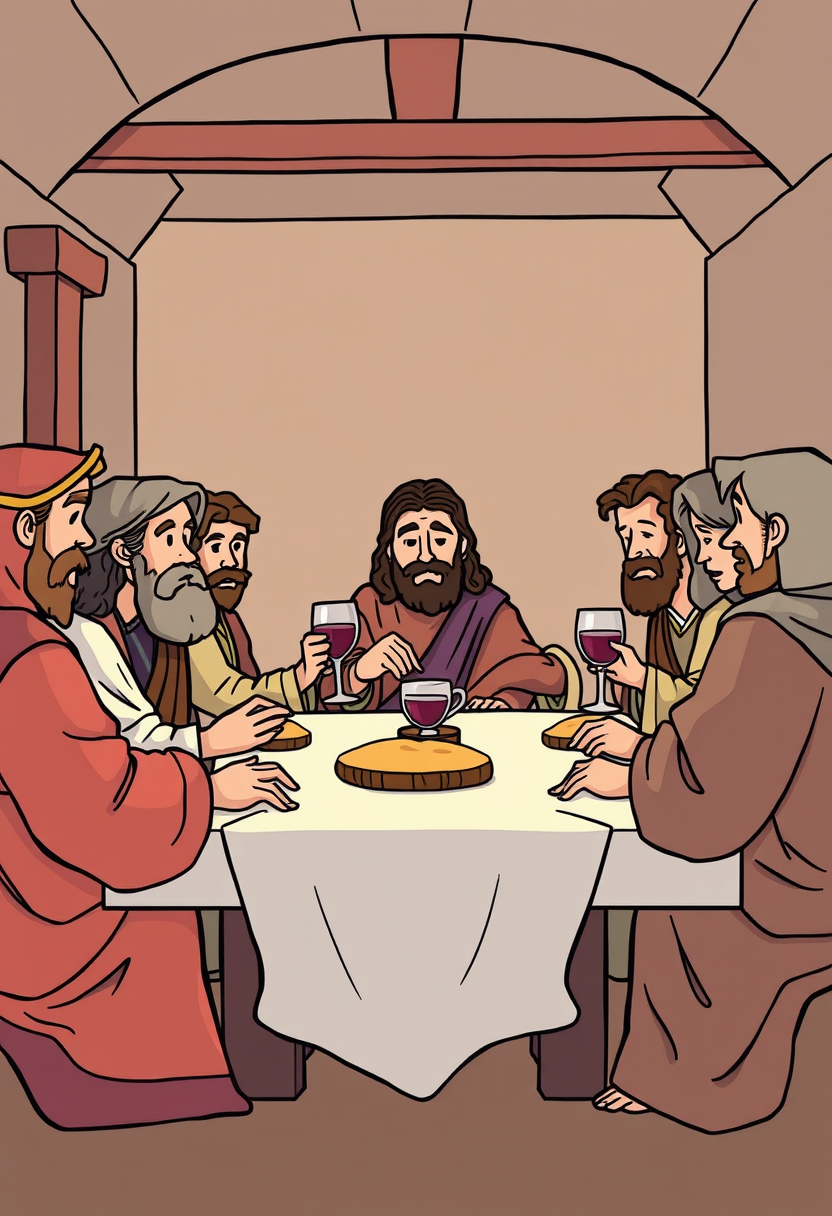 Depict the Last Supper with Jesus and his disciples gathered around a table, sharing bread and wine in a solemn atmosphere. Cartoon style, thick lines, low details, no shading.