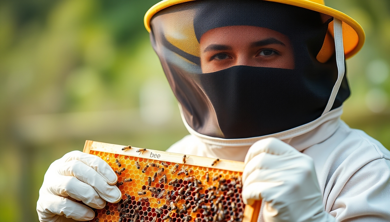 Beekeeper in protective suit holding a honeycomb, A beekeeper in a yellow hat holds a honeycomb with the word bee on it. - Image