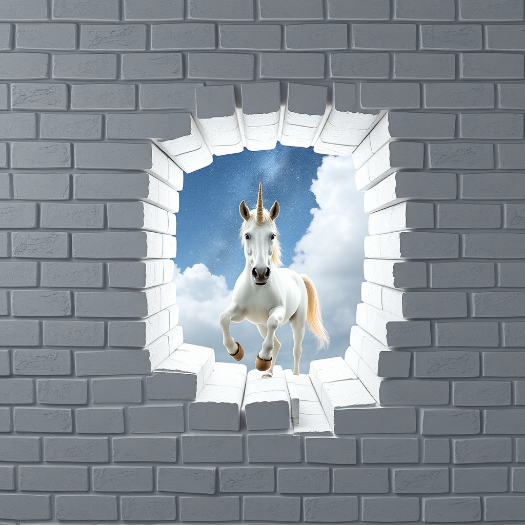 A white brick wall with a 3D fracture in the center, from which you can see the boundless space and a surprised unicorn looks inside from the hole.