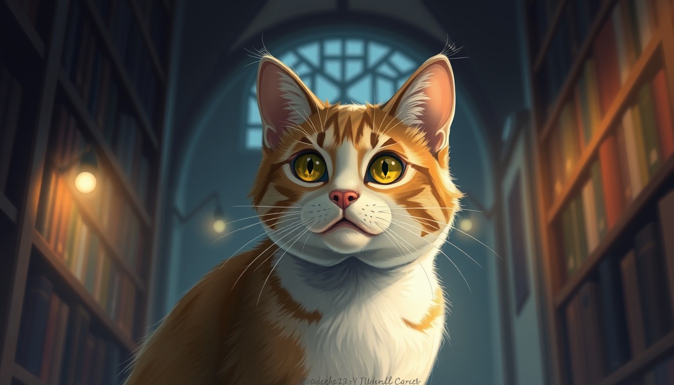 Digital illustration of a cat in a lit library, Procreate Soft Brush texture, add subtle depth, dodge burn effect, ambient occlusion, brushstrokes.